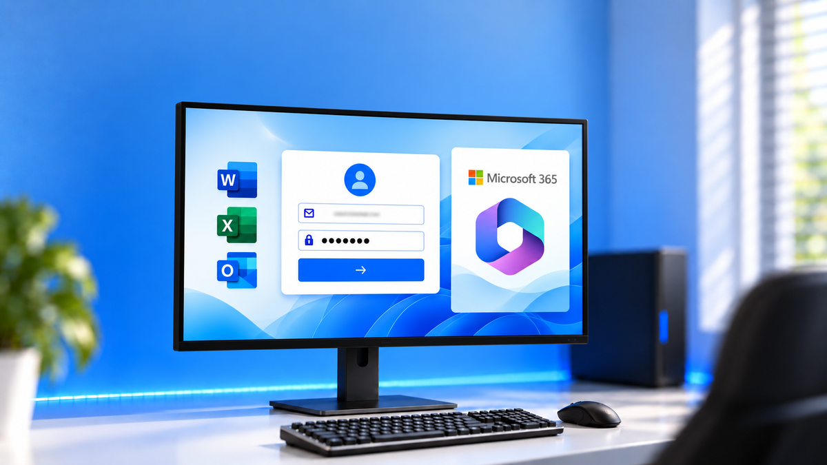 Office 365 Login auf einem Monitor mit VV-Produktseite und blauer Beleuchtung.